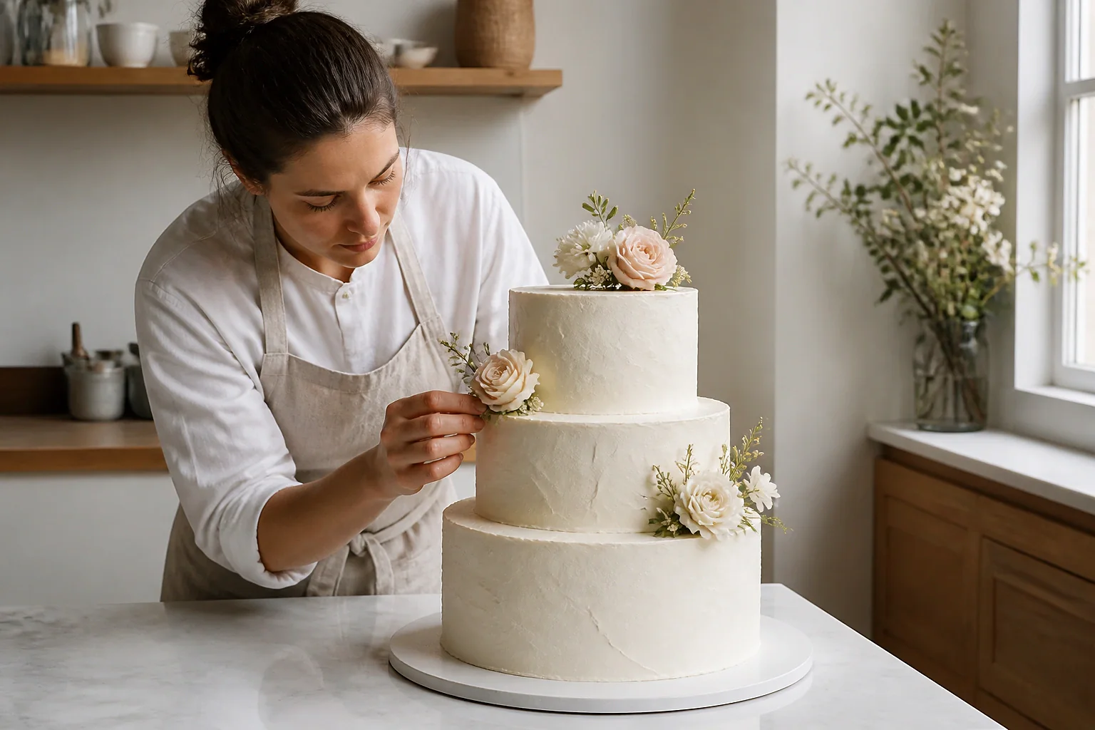 Gâteau de mariage préparé dans un atelier — illustration générée par IA