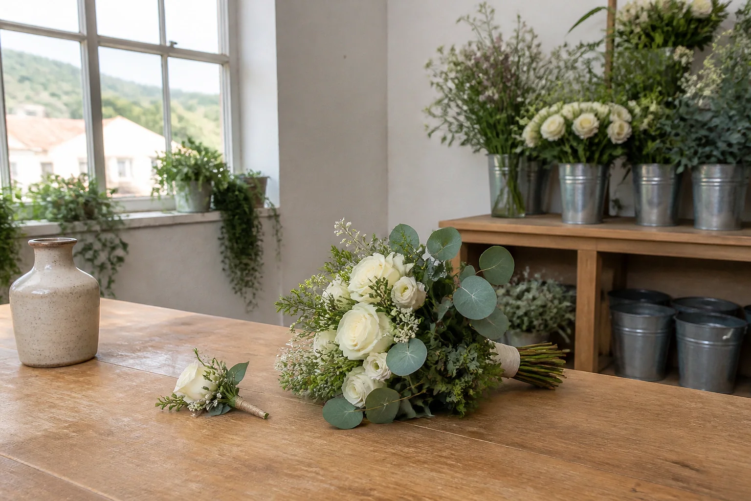 Préparation florale pour un mariage — illustration générée par IA