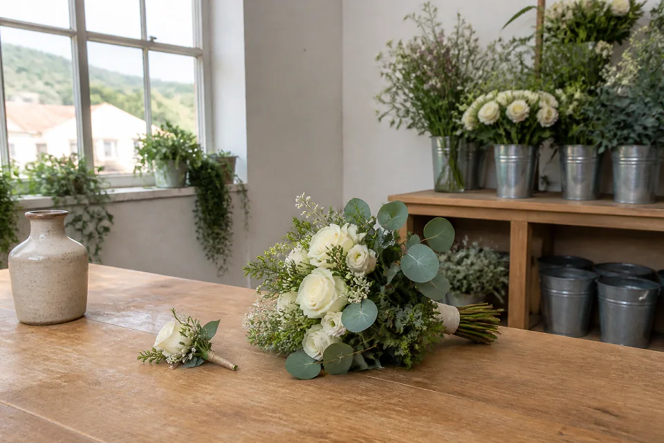 Préparation florale pour un mariage — illustration générée par IA