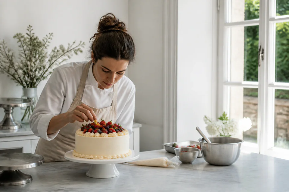 Gâteau de mariage préparé dans un atelier — illustration générée par IA