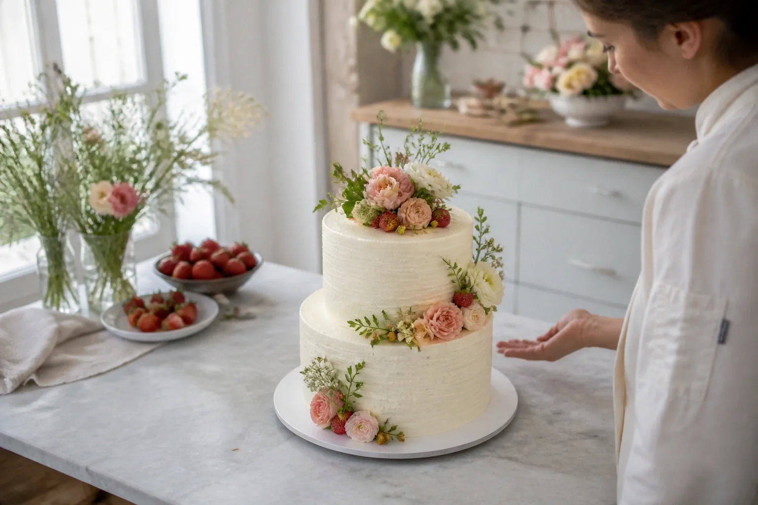 Gâteau de mariage préparé dans un atelier — illustration générée par IA