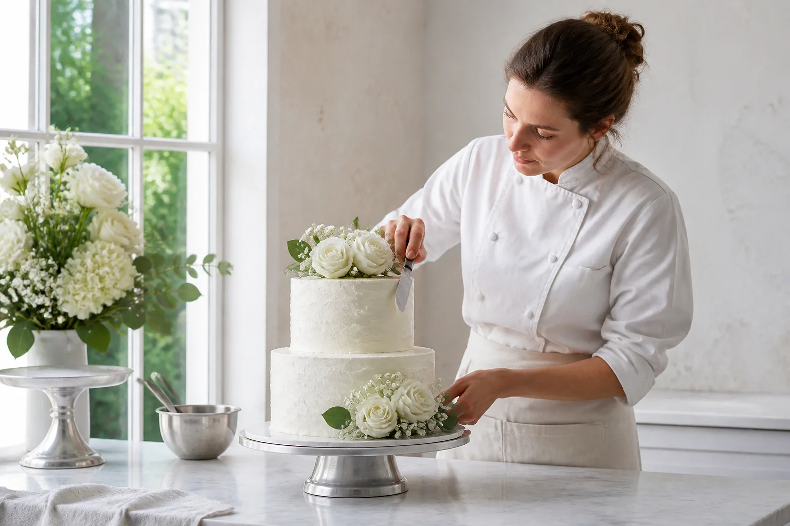 Gâteau de mariage préparé dans un atelier — illustration générée par IA
