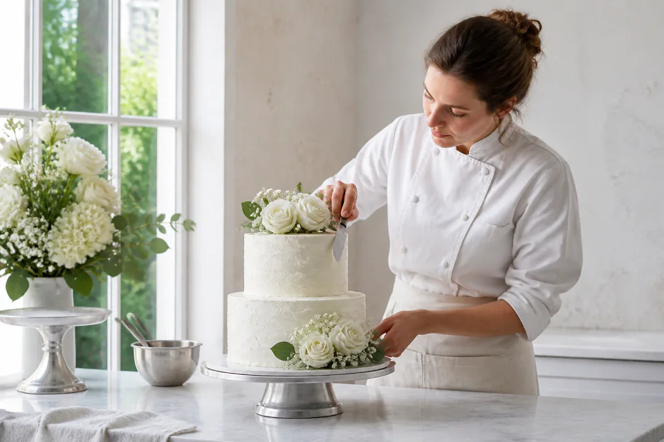 Gâteau de mariage préparé dans un atelier — illustration générée par IA