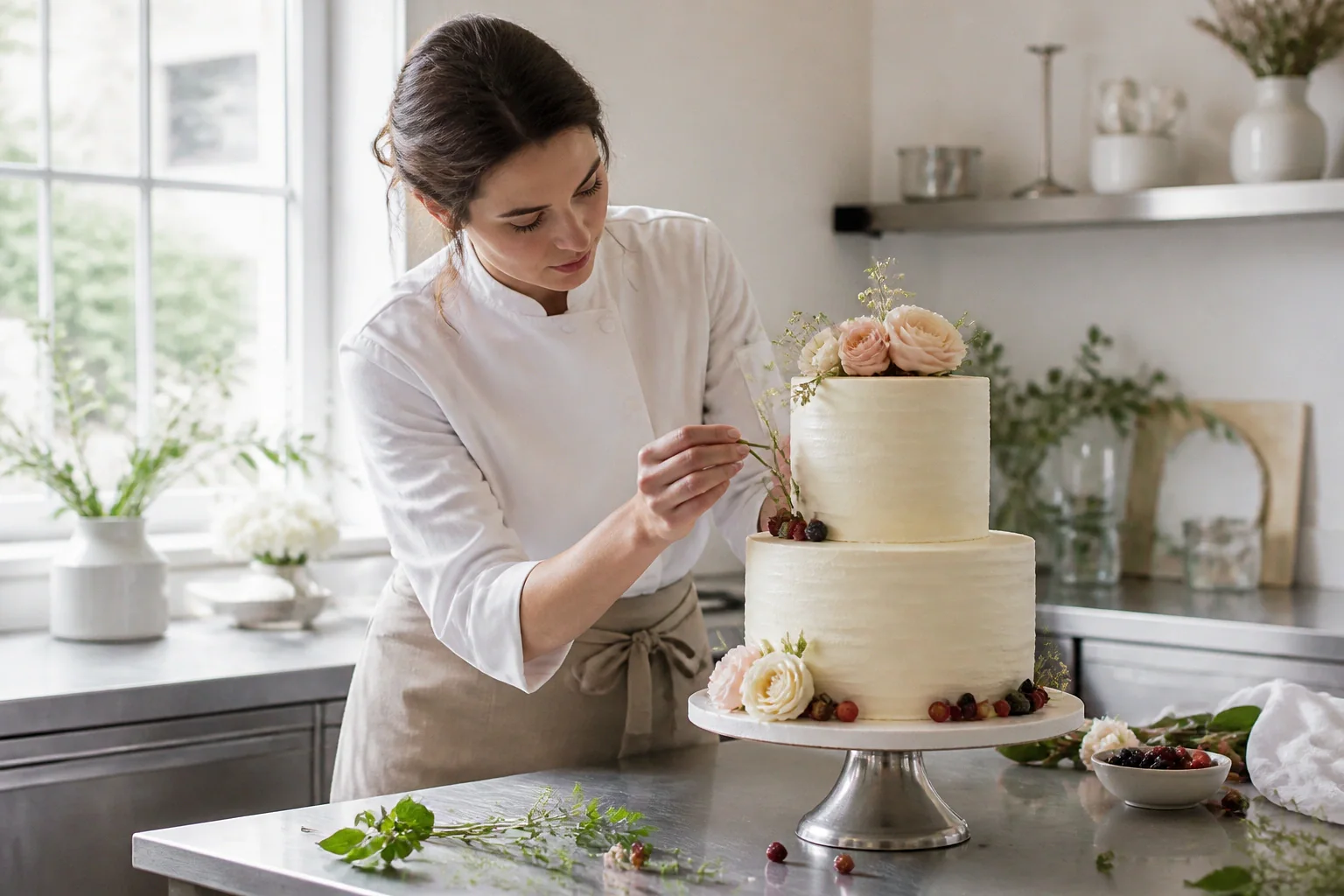 Gâteau de mariage préparé dans un atelier — illustration générée par IA