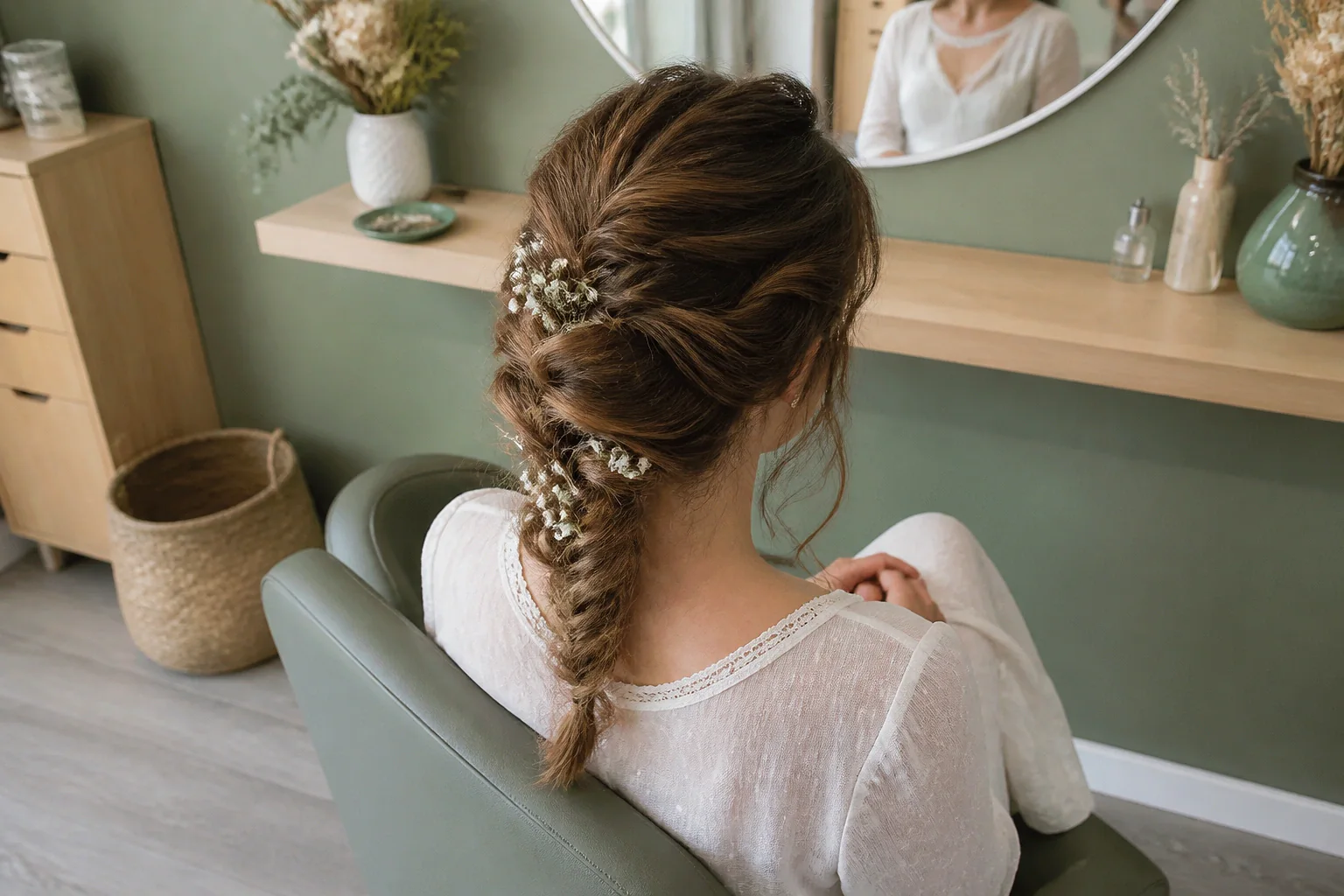 Coiffure de cérémonie vue pendant la préparation — illustration générée par IA