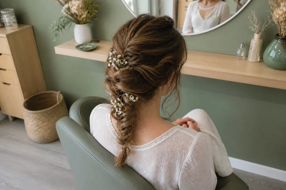Coiffure de cérémonie vue pendant la préparation — illustration générée par IA