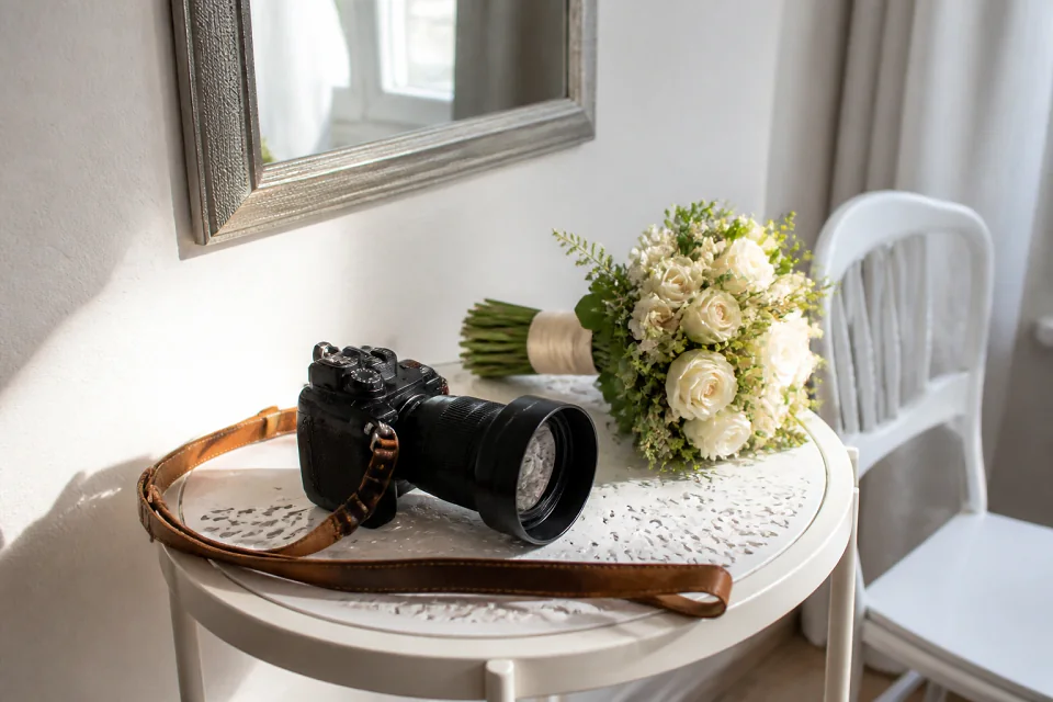 Appareil photo et accessoires de reportage de mariage — illustration générée par IA