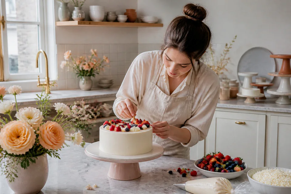 Gâteau de mariage préparé dans un atelier — illustration générée par IA