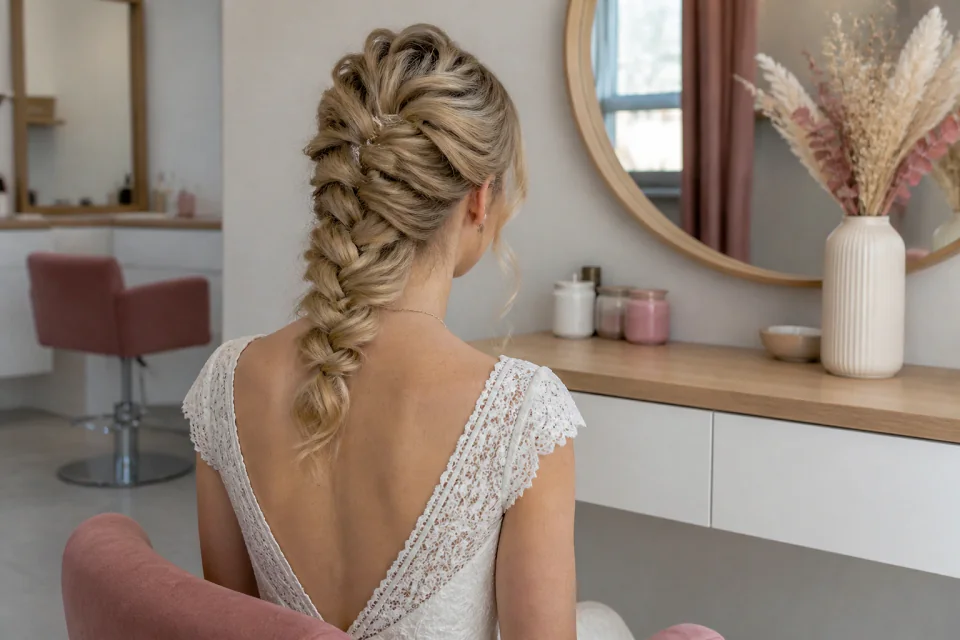Coiffure de cérémonie vue pendant la préparation — illustration générée par IA