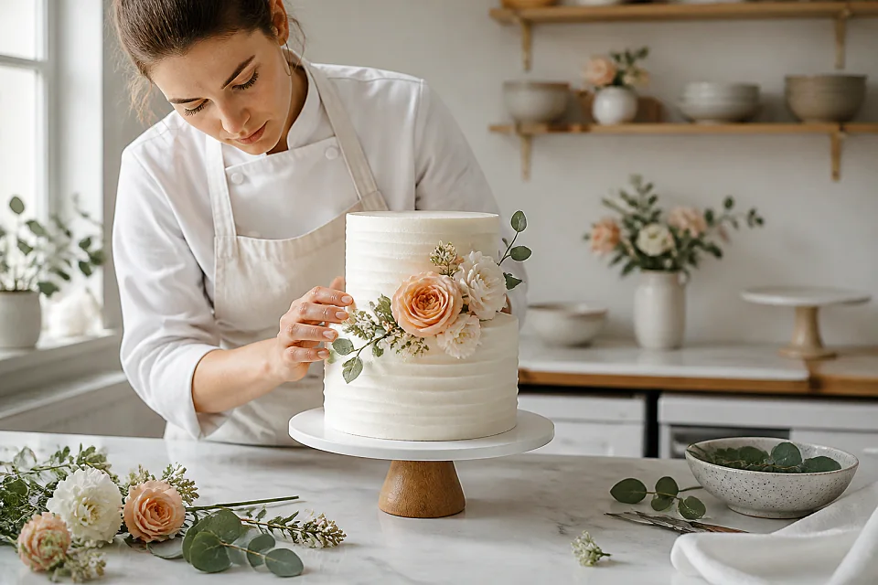 Gâteau de mariage préparé dans un atelier — illustration générée par IA