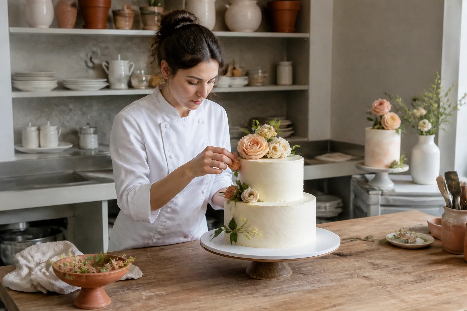 Gâteau de mariage préparé dans un atelier — illustration générée par IA