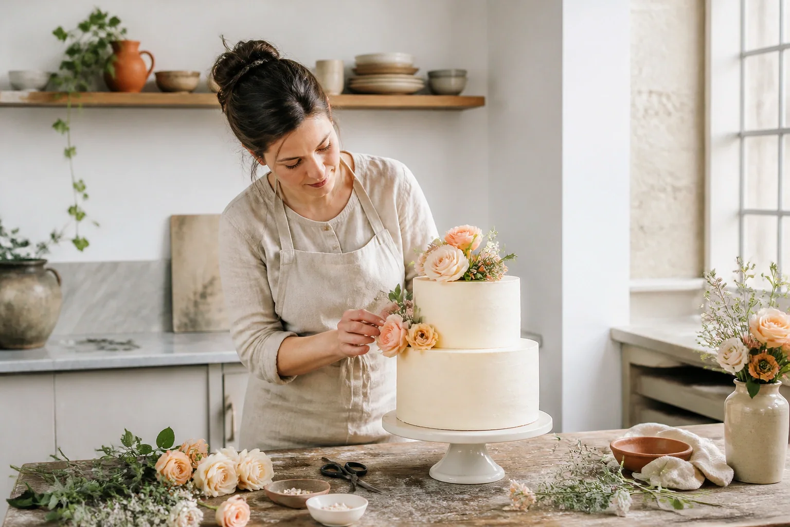 Gâteau de mariage préparé dans un atelier — illustration générée par IA