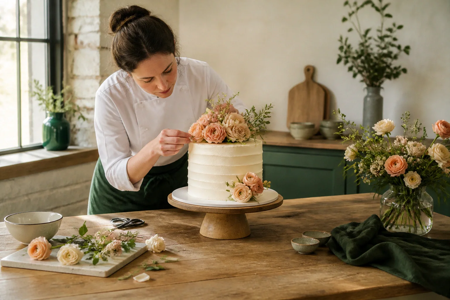 Gâteau de mariage préparé dans un atelier — illustration générée par IA