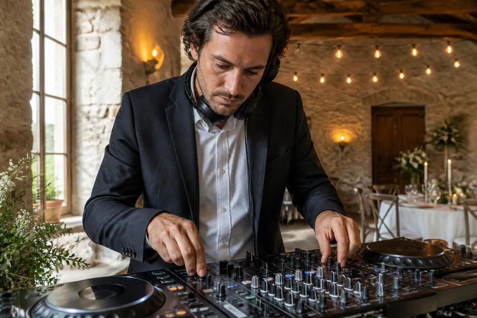 Préparation musicale d’une soirée de mariage — illustration générée par IA