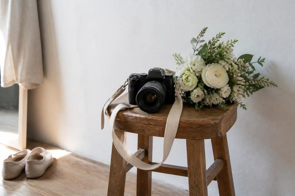 Appareil photo et accessoires de reportage de mariage — illustration générée par IA