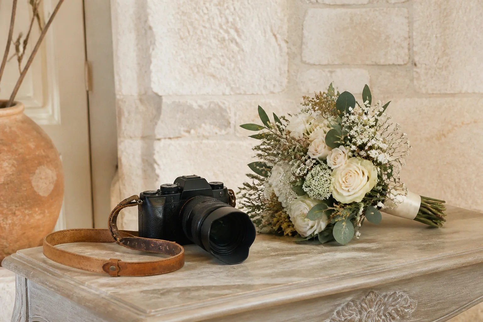 Appareil photo et accessoires de reportage de mariage — illustration générée par IA