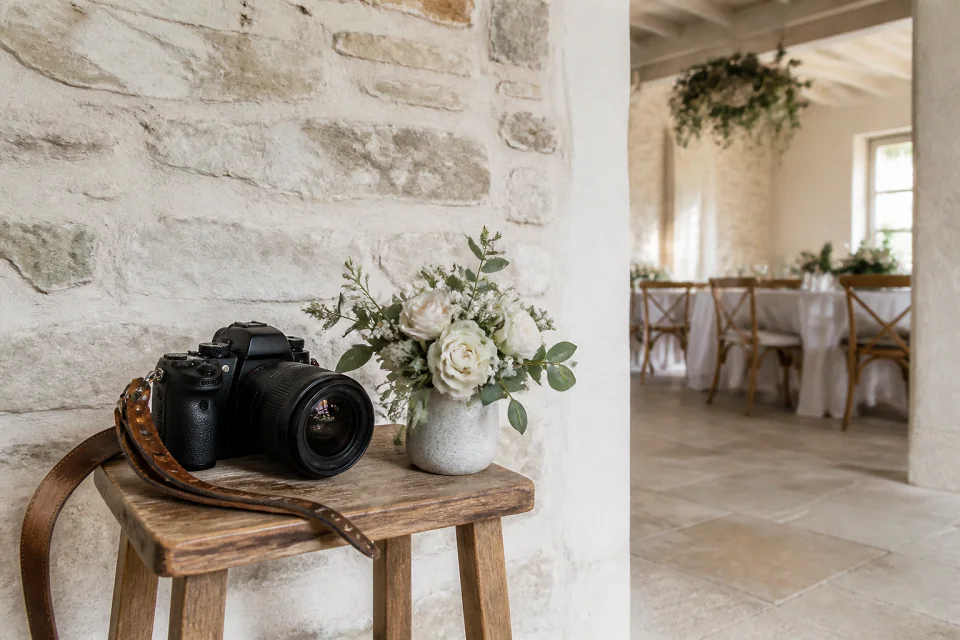 Appareil photo et accessoires de reportage de mariage — illustration générée par IA