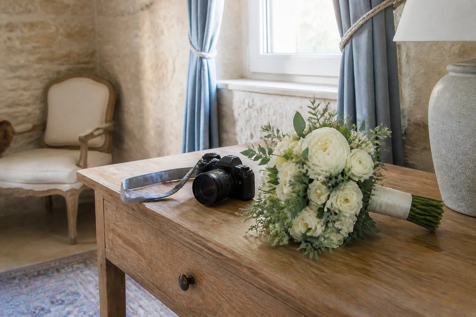 Appareil photo et accessoires de reportage de mariage — illustration générée par IA