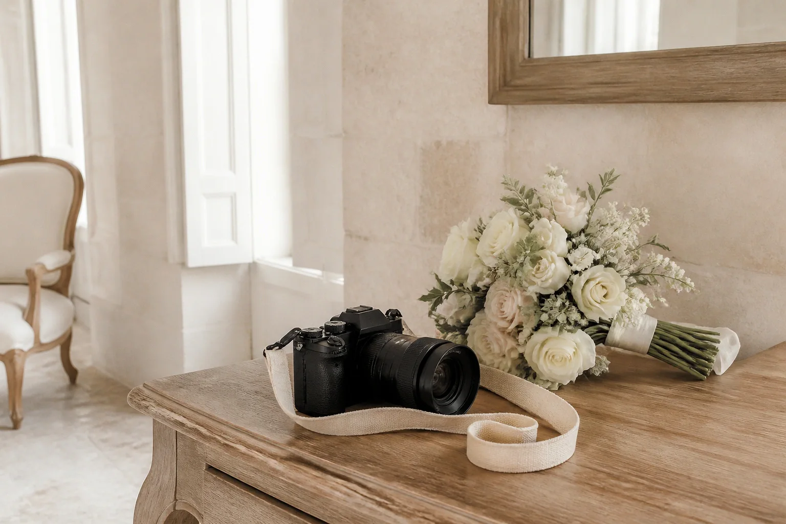 Appareil photo et accessoires de reportage de mariage — illustration générée par IA
