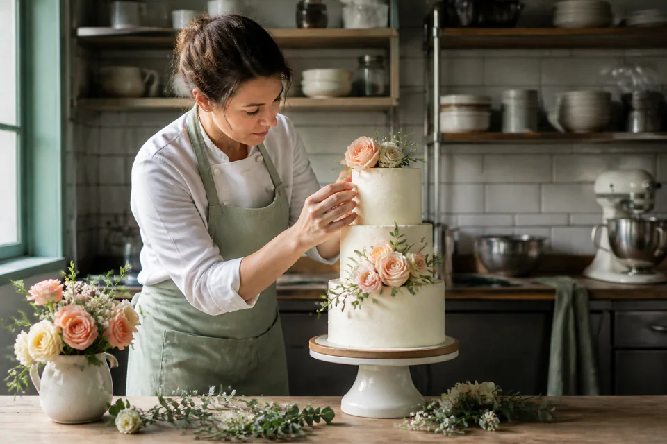 Gâteau de mariage préparé dans un atelier — illustration générée par IA