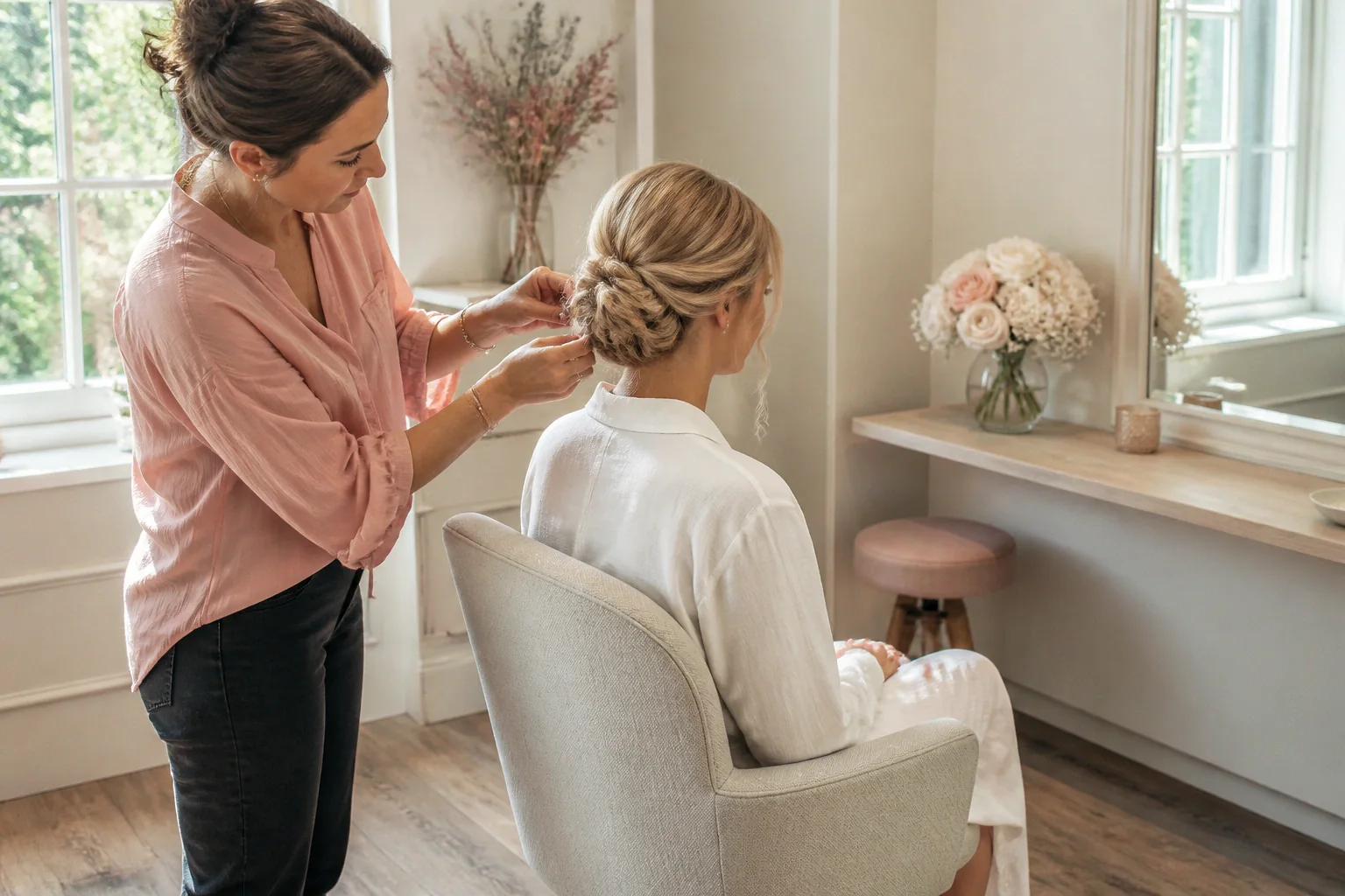 Coiffure de cérémonie vue pendant la préparation — illustration générée par IA