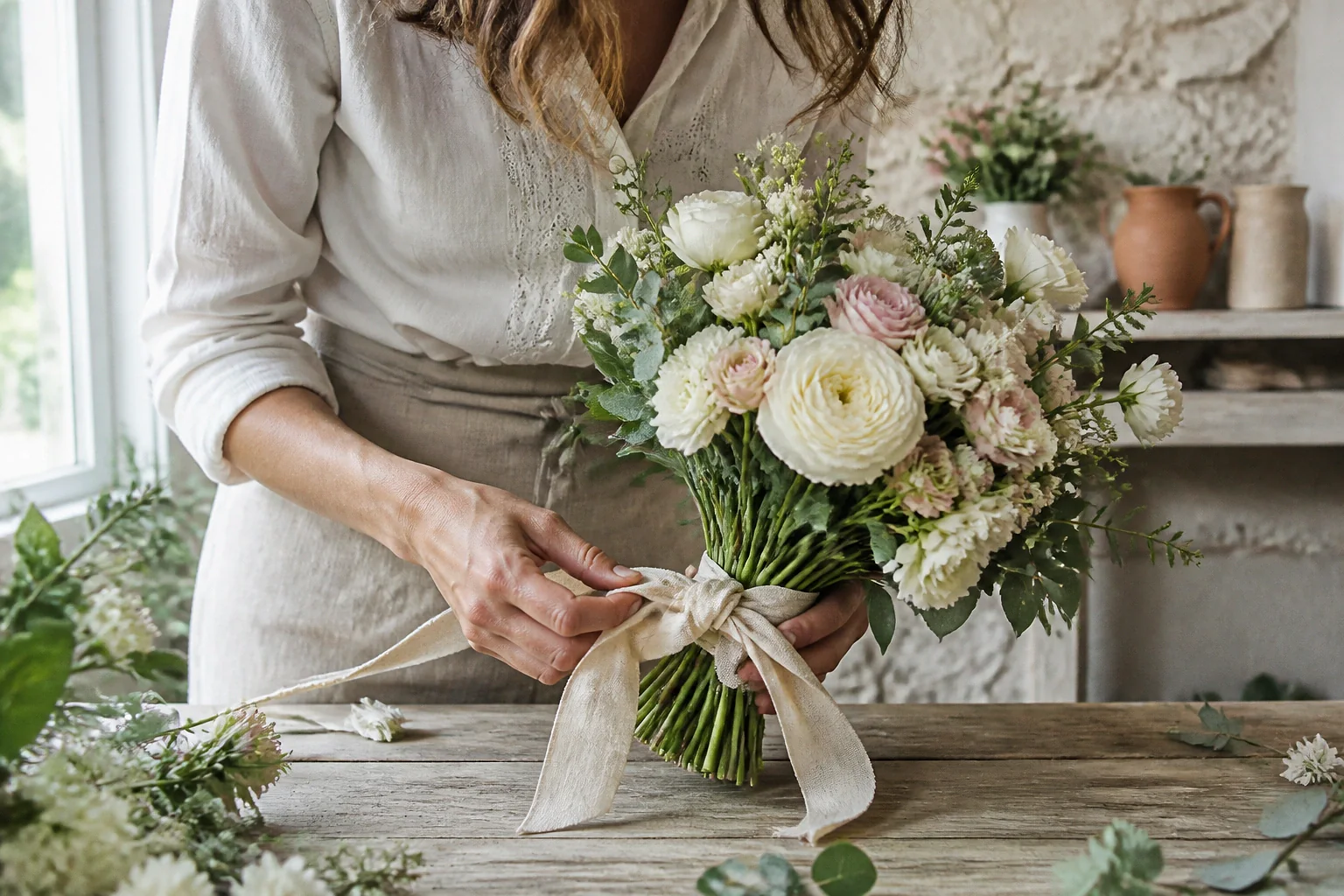Préparation florale pour un mariage — illustration générée par IA