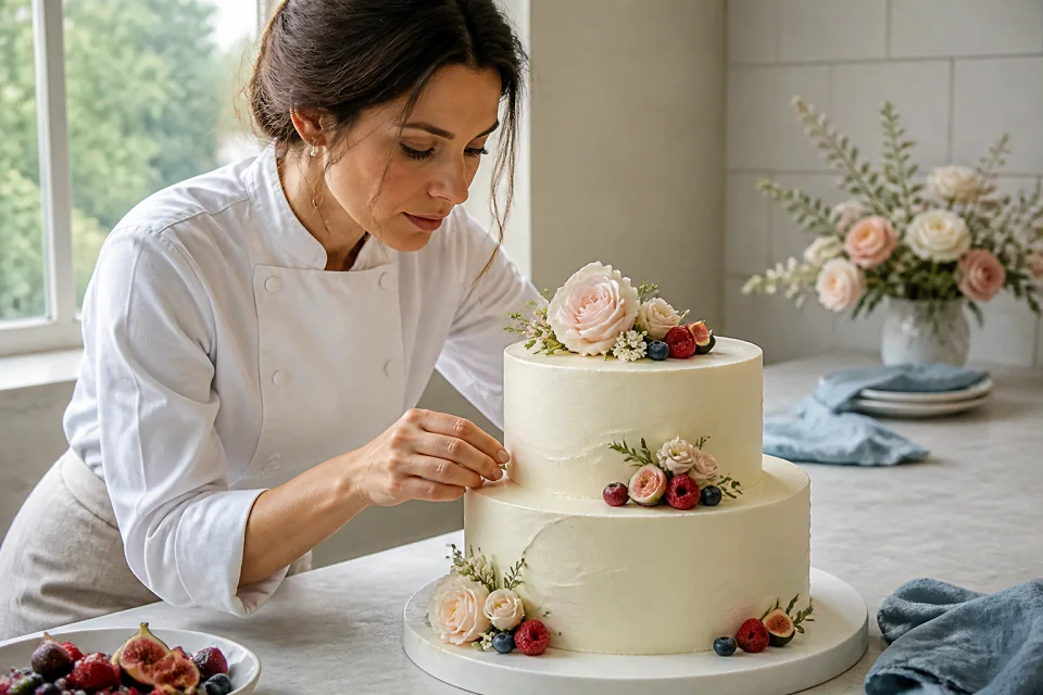 Gâteau de mariage préparé dans un atelier — illustration générée par IA