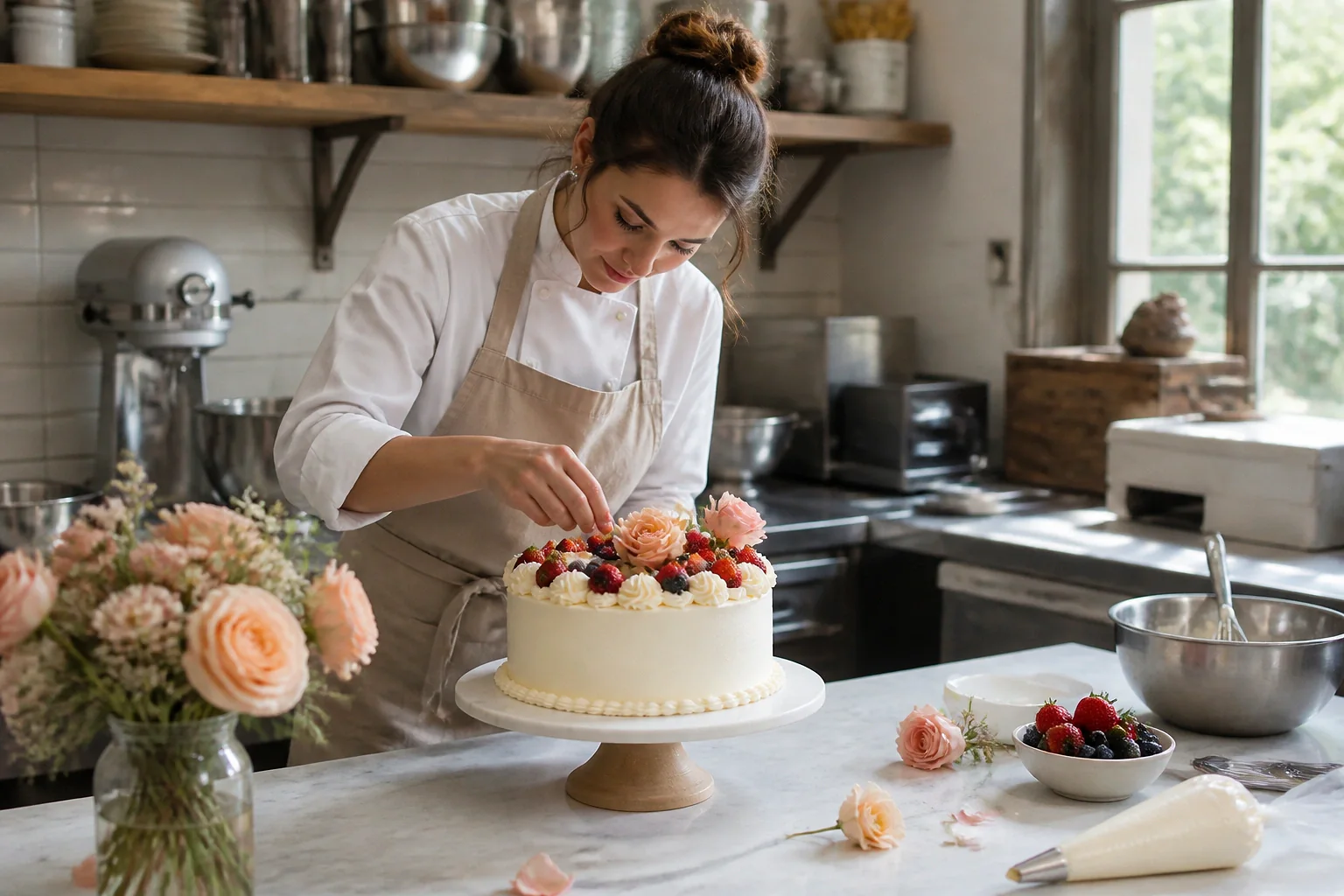 Gâteau de mariage préparé dans un atelier — illustration générée par IA