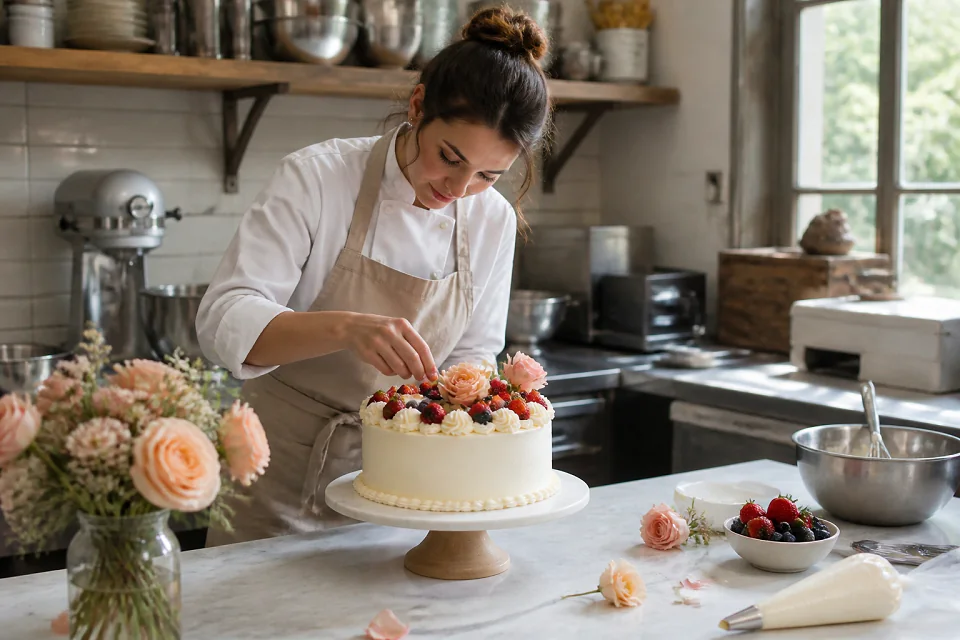 Gâteau de mariage préparé dans un atelier — illustration générée par IA