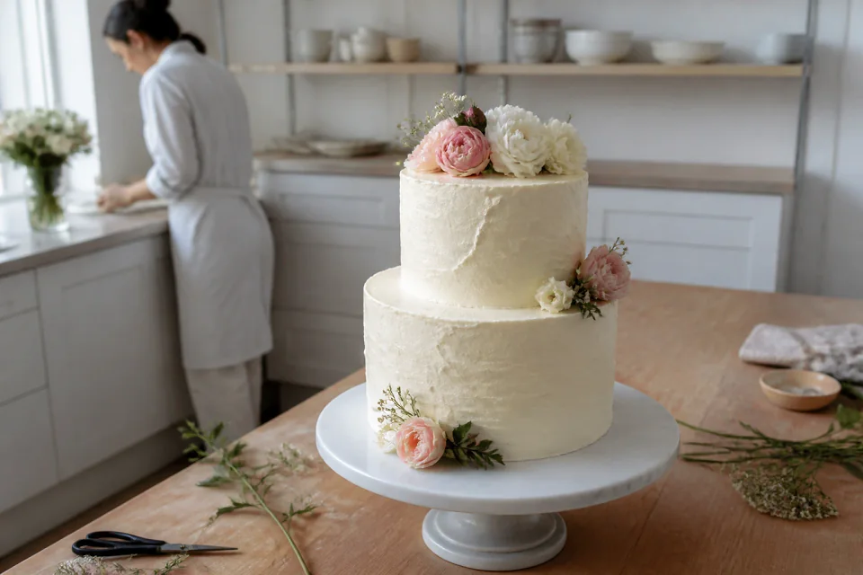 Gâteau de mariage préparé dans un atelier — illustration générée par IA