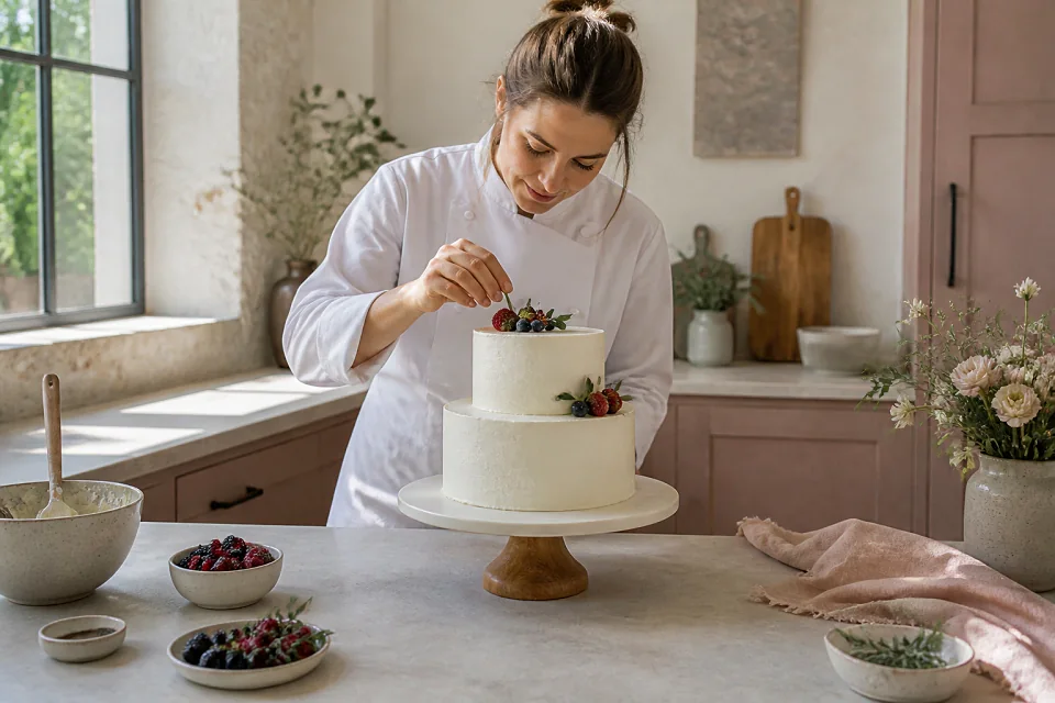 Gâteau de mariage préparé dans un atelier — illustration générée par IA