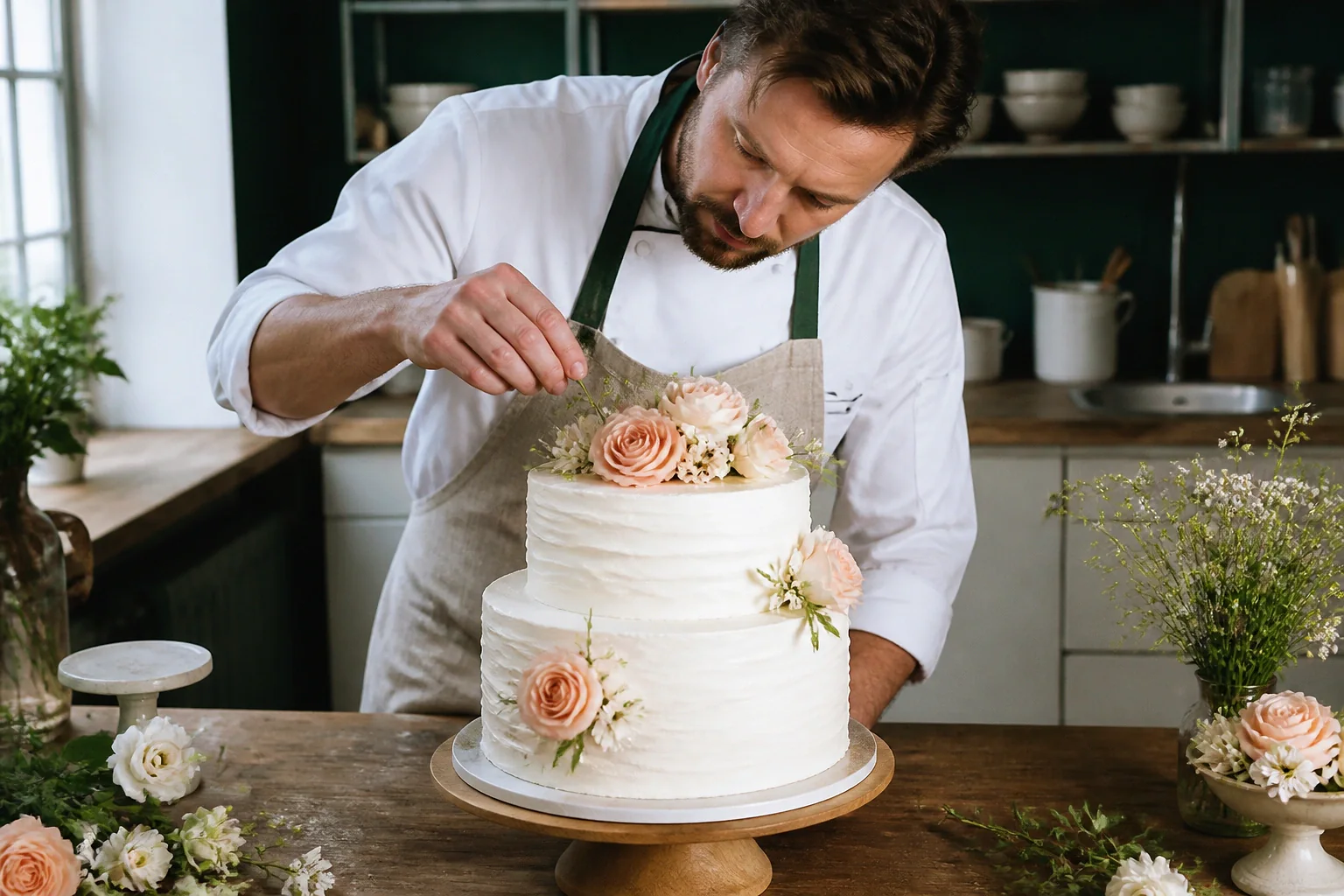 Gâteau de mariage préparé dans un atelier — illustration générée par IA