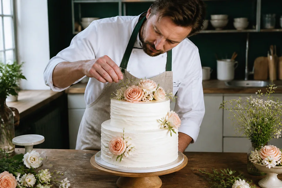 Gâteau de mariage préparé dans un atelier — illustration générée par IA