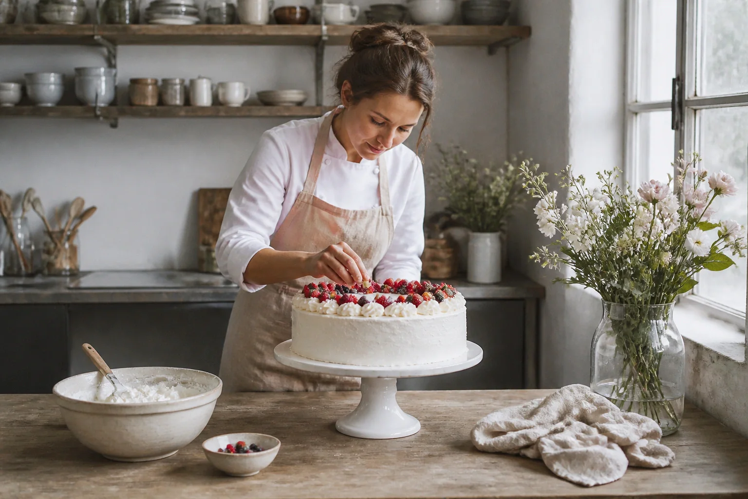 Gâteau de mariage préparé dans un atelier — illustration générée par IA