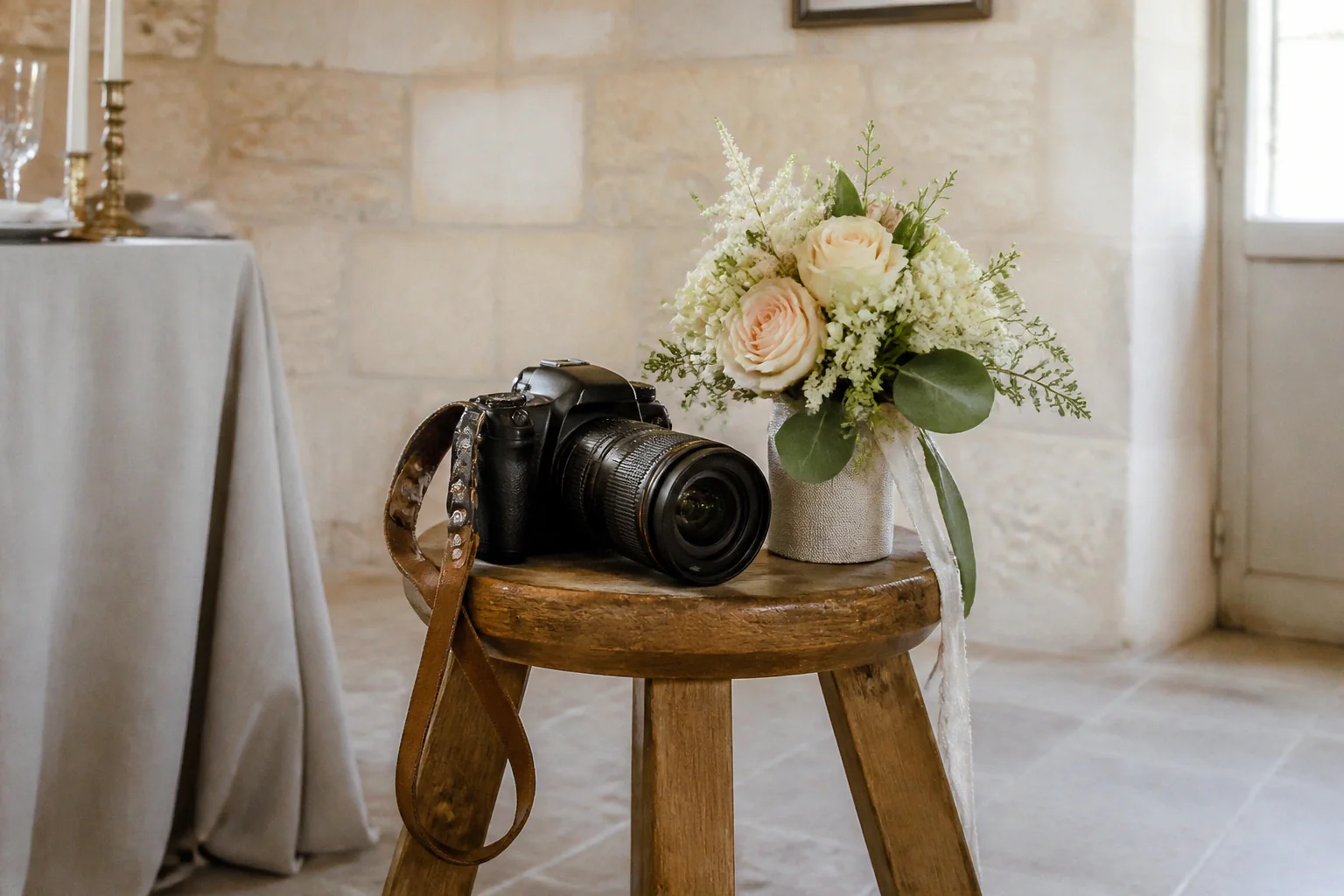Appareil photo et accessoires de reportage de mariage — illustration générée par IA