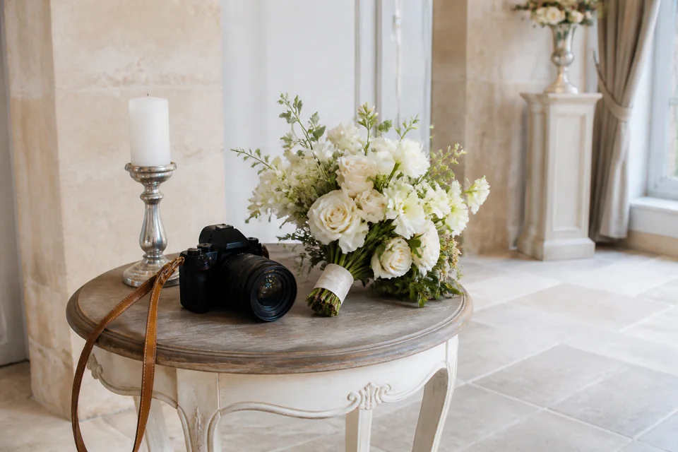 Appareil photo et accessoires de reportage de mariage — illustration générée par IA