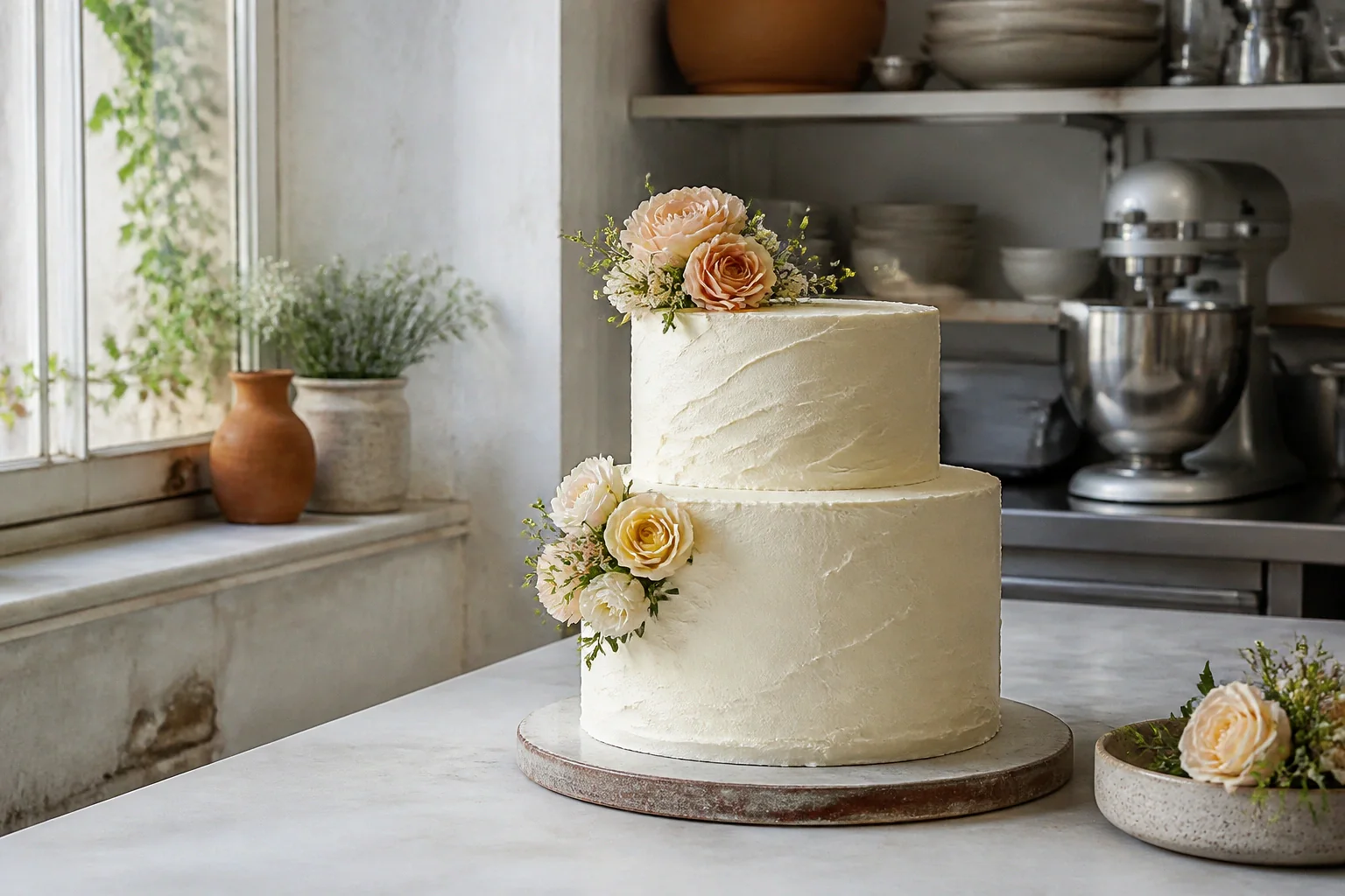 Gâteau de mariage préparé dans un atelier — illustration générée par IA