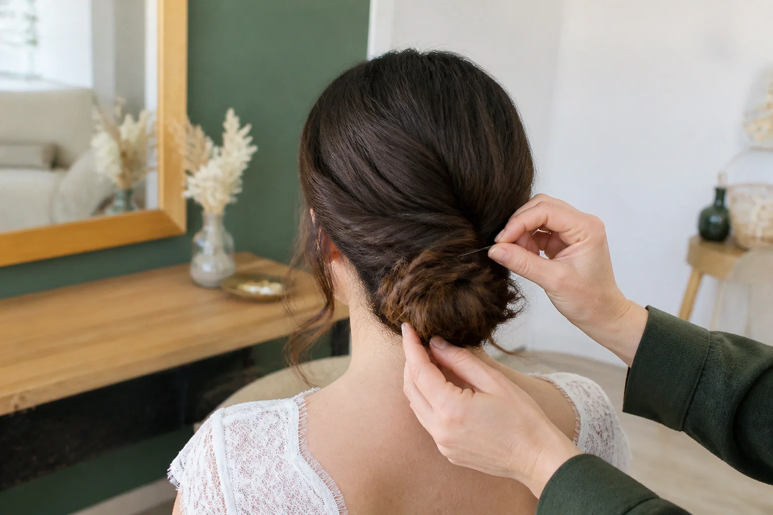 Coiffure de cérémonie vue pendant la préparation — illustration générée par IA