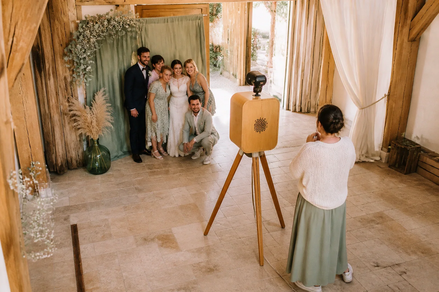 Borne photo installée pour une réception de mariage — illustration générée par IA