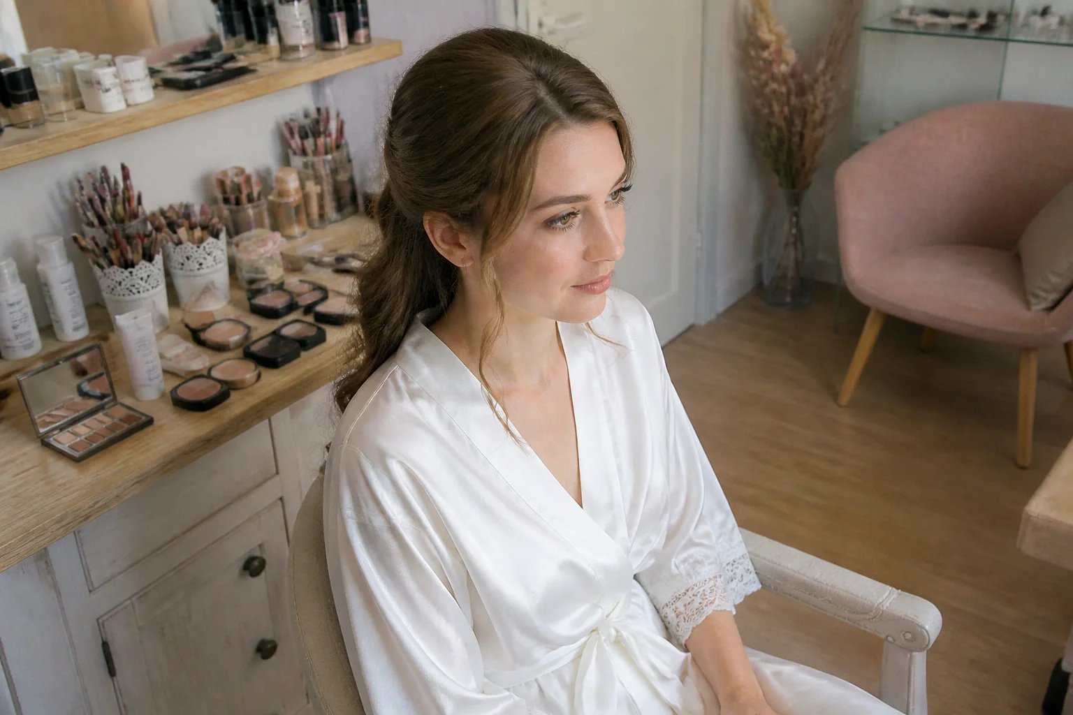 Préparation d’un maquillage de mariage — illustration générée par IA
