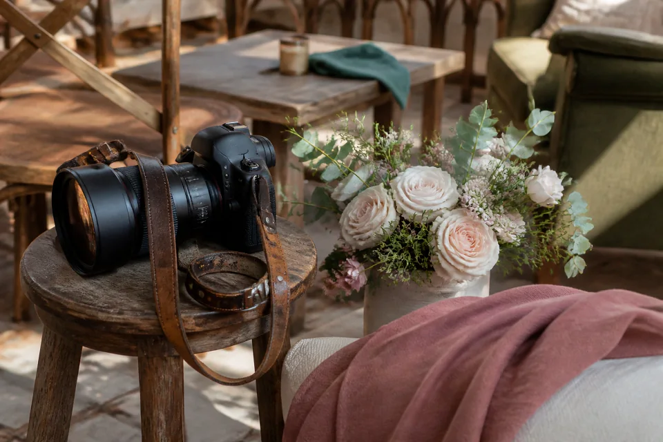 Appareil photo et accessoires de reportage de mariage — illustration générée par IA