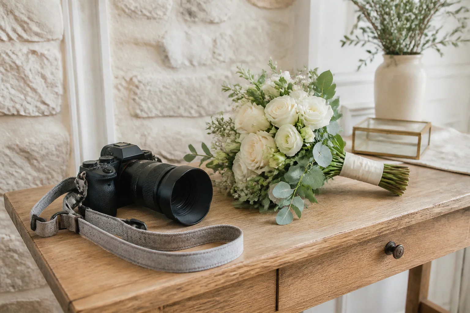 Appareil photo et accessoires de reportage de mariage — illustration générée par IA