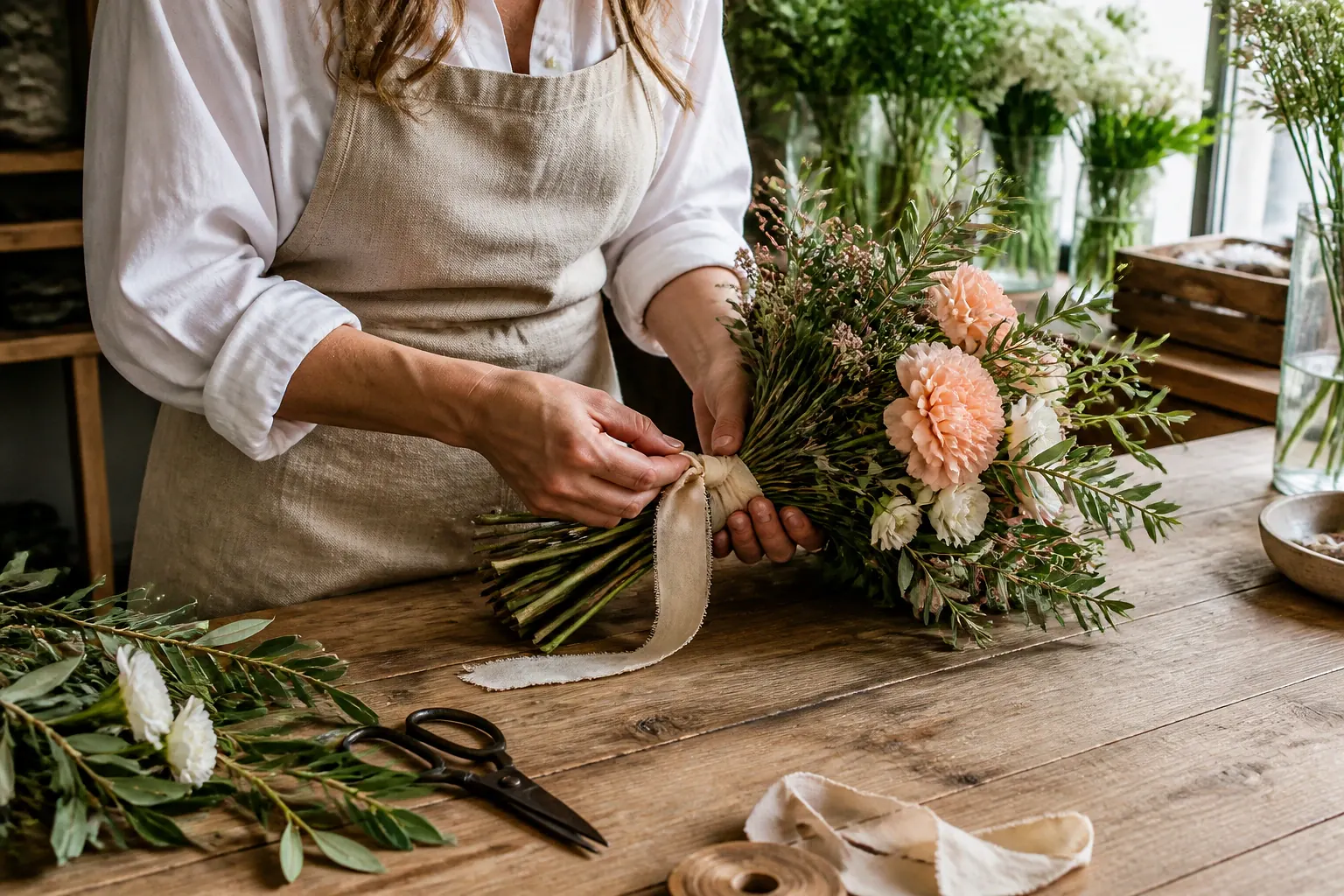 Préparation florale pour un mariage — illustration générée par IA