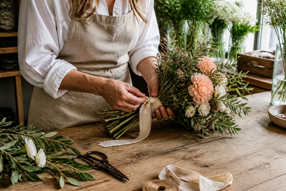 Préparation florale pour un mariage — illustration générée par IA