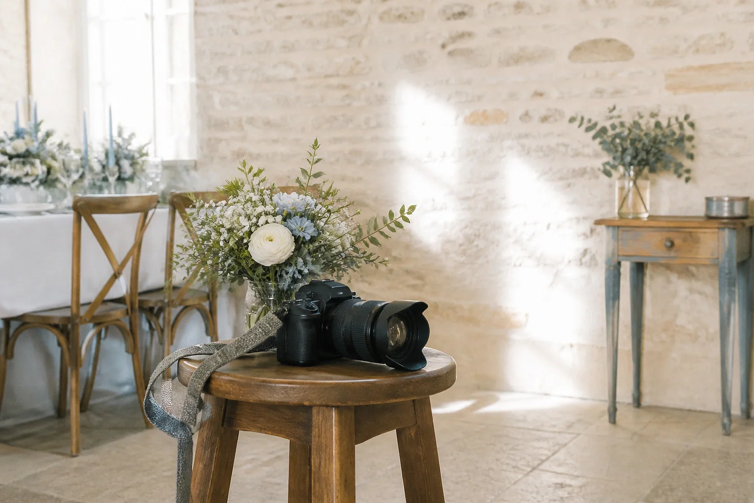 Appareil photo et accessoires de reportage de mariage — illustration générée par IA