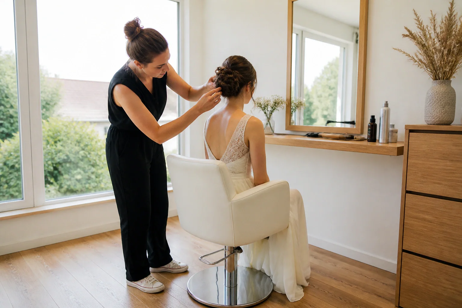 Coiffure de cérémonie vue pendant la préparation — illustration générée par IA