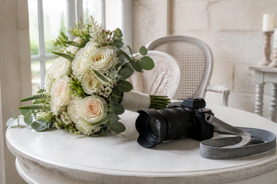 Appareil photo et accessoires de reportage de mariage — illustration générée par IA