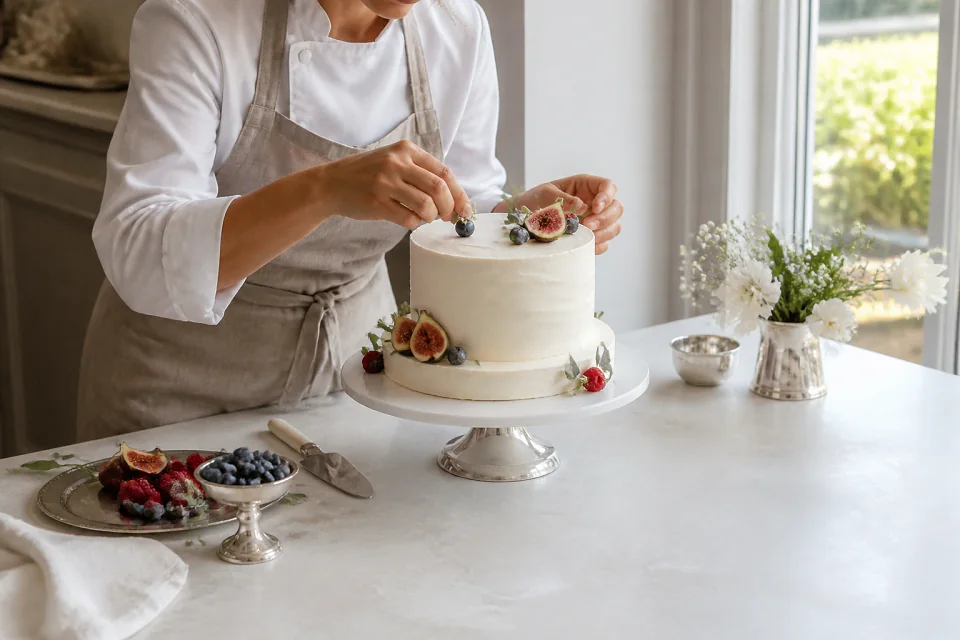 Gâteau de mariage préparé dans un atelier — illustration générée par IA