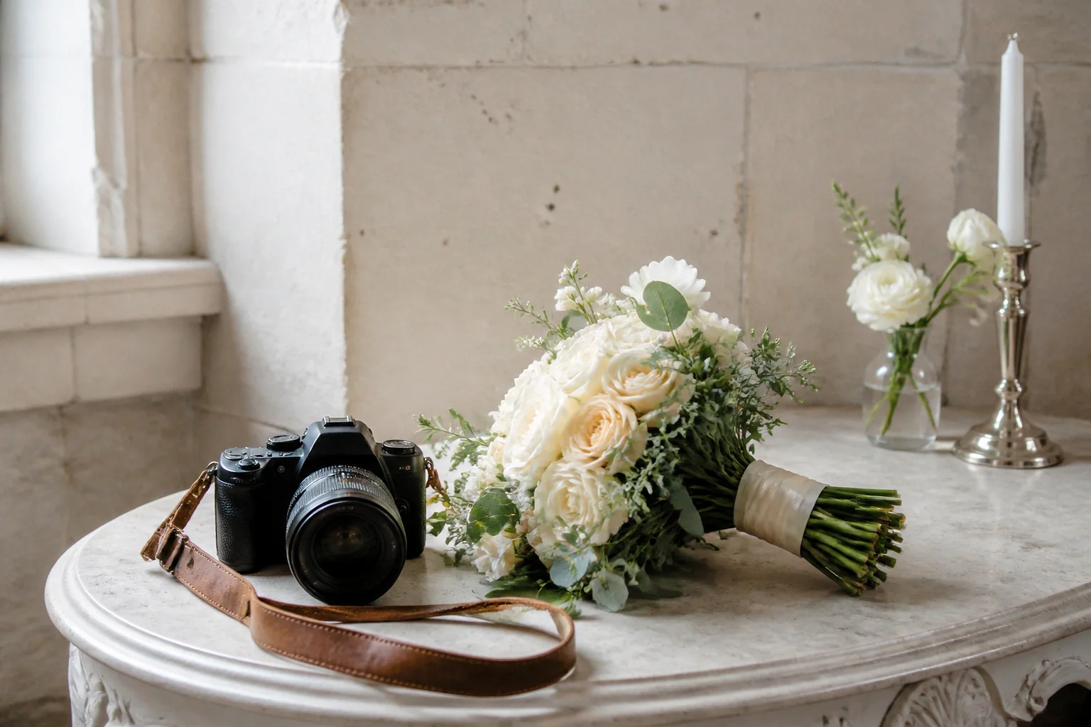 Appareil photo et accessoires de reportage de mariage — illustration générée par IA