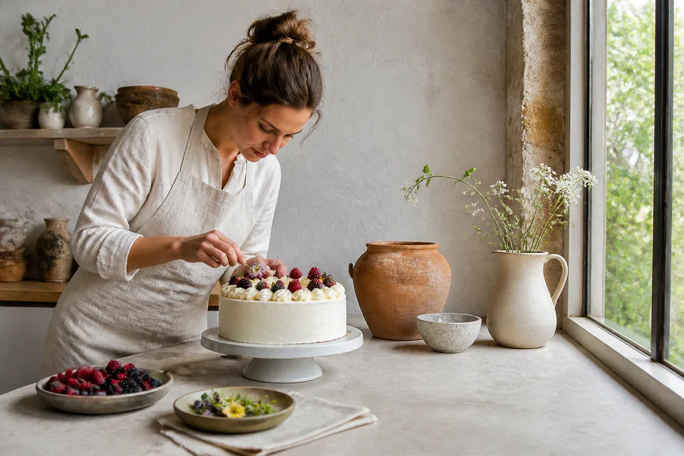 Gâteau de mariage préparé dans un atelier — illustration générée par IA